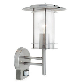 Luminosa York PIR 1 Light Outdoor Wall Lantern Polished Stainless Steel, Clear Polycarbonate IP44, E27