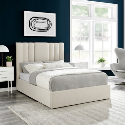 Luna Cream King Size 5FT Line Design Padded Headboard & Ottoman Storage Gas Lift Bed Frame