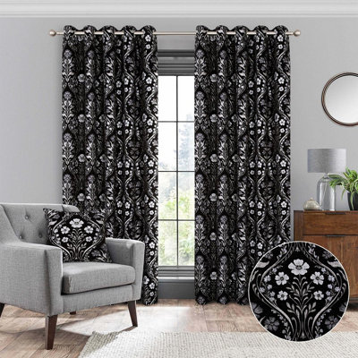 Luna Metallic Chenille Lined Eyelet Curtains - Floral Design Black & Silver Curtains for Bedroom or Living Room - 114 x 183cm