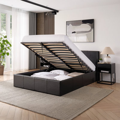LUNA SIESTA Gas Lift Ottoman Storage Bed 4FT6 Double Faux Leather + Spring and Memory Foam Mattress - Black