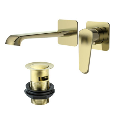 Lunaris Brushed Brass Wall Mounted Basin Filler Mixer Tap with Slotted Basin Waste