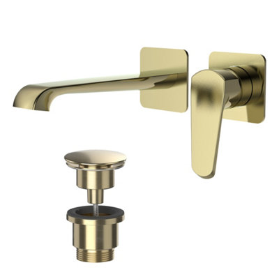 Lunaris Brushed Brass Wall-Mounted Basin Mixer Tap & Universal Waste ...