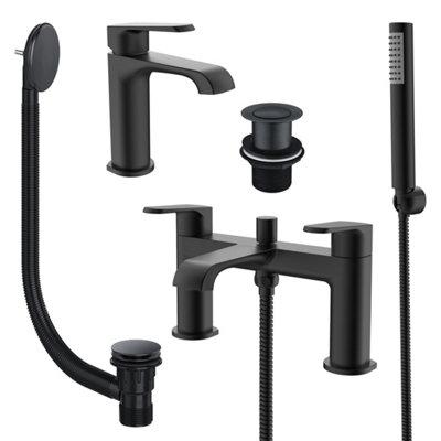 Lunaris Matt Black Bath Shower Mixer and Mini Mono Mixer Tap with Bath Waste and Unslotted Basin Waste