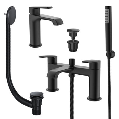 Lunaris Matt Black Complete Bathroom Tap Set: Bath Shower Mixer, Mini ...