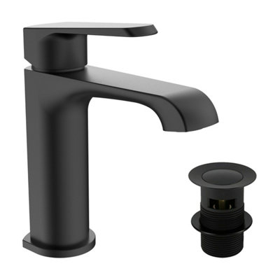 Lunaris Matt Black Mini Mono Basin Mixer Tap Deck Mounted with Slotted Basin Waste