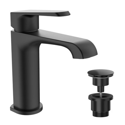 Lunaris Matt Black Mono Basin Mixer Tap Deck Mounted with Universal Basin Waste