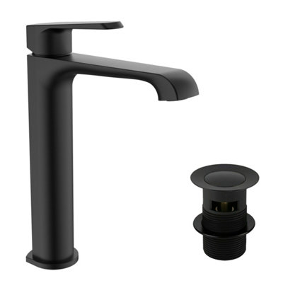 Lunaris Matt Black Tall Mono Basin Mixer Tap Deck Mounted with Slotted Basin Waste