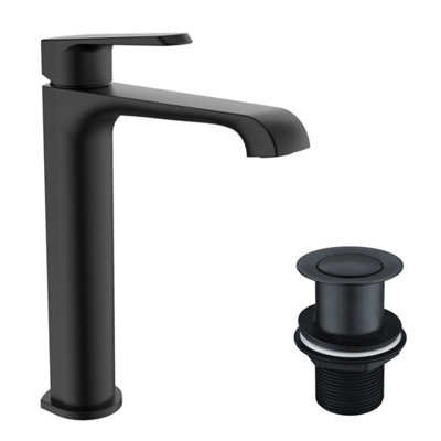 Lunaris Matt Black Tall Mono Basin Mixer Tap Deck Mounted with Unslotted Basin Waste