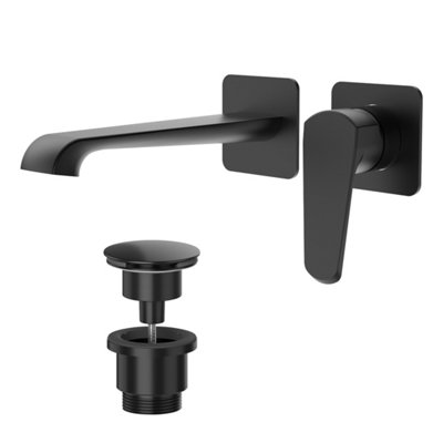 Lunaris Matt Black Wall Mounted Basin Filler Mixer Tap with Universal Basin Waste