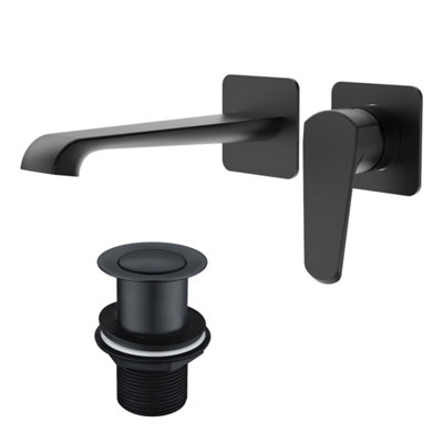 Lunaris Matt Black Wall Mounted Basin Filler Mixer Tap with Unslotted Basin Waste