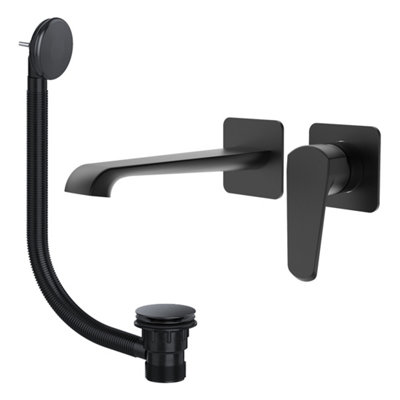 Lunaris Matt Black Wall Mounted Bath Mixer Tap with Bath Waste