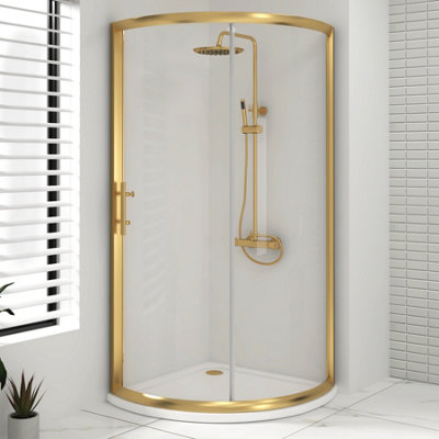 Lustre 760 x 760mm Brushed Brass Quadrant Shower Enclosure with Acrylic Tray Single Sliding Door Walk in 6mm Glass