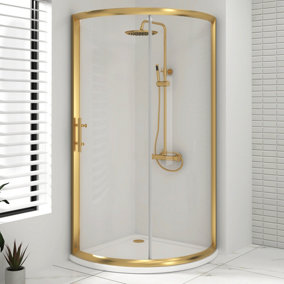 Lustre 760 x 760mm Brushed Brass Quadrant Shower Enclosure with Acrylic Tray Single Sliding Door Walk in 6mm Glass