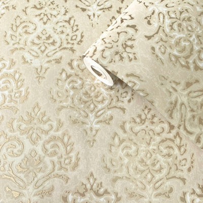 Lustre Collection Metallic Embossed Modern Damask Wallpaper Roll