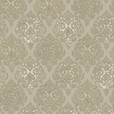 Lustre Collection Metallic Embossed Modern Damask Wallpaper Roll