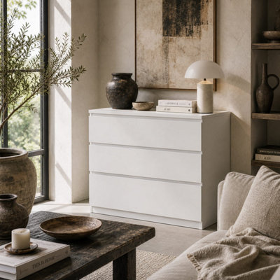 LUVILO WOOD WHITE 3-DRAWER STORAGE CHEST - HANDLELESS MINIMALIST DESIGN ...