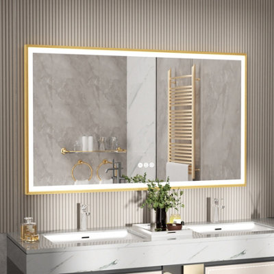 LUVODI 1000x600mm Bathroom Mirror Rectangle Brass Framed Wall Mount LED Illuminated-Touch Sensor, Anti-fog