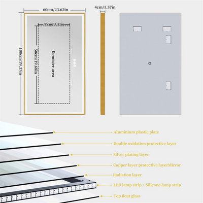 LUVODI 1000x600mm Bathroom Mirror Rectangle Brass Framed Wall Mount LED Illuminated-Touch Sensor, Anti-fog