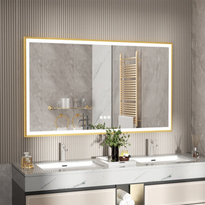 LUVODI 1000x600mm Bathroom Mirror Rectangle Brass Framed Wall Mount LED Illuminated-Touch Sensor, Anti-fog