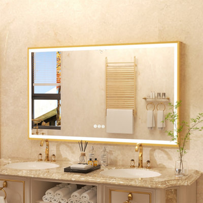 LUVODI 1000x600mm Bathroom Mirror Rectangle Brass Framed Wall Mount LED Illuminated-Touch Sensor, Anti-fog