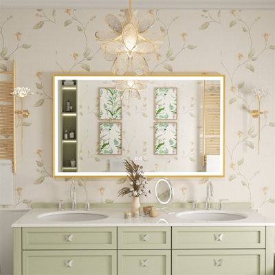 LUVODI 1000x600mm Bathroom Mirror Rectangle Brass Framed Wall Mount LED Illuminated-Touch Sensor, Anti-fog