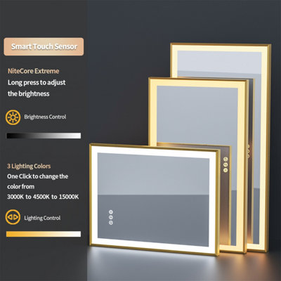 LUVODI 1000x600mm Bathroom Mirror Rectangle Brass Framed Wall Mount LED Illuminated-Touch Sensor, Anti-fog