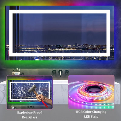 LUVODI 1200x600mm Smart Large LED Bathroom Mirror RGB Illuminated Bluetooth Time Digital Display, Anti-Fog