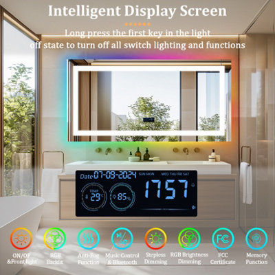 LUVODI 1200x600mm Smart Large LED Bathroom Mirror RGB Illuminated Bluetooth Time Digital Display, Anti-Fog