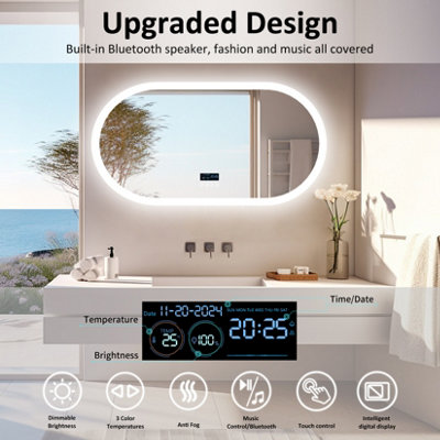 LUVODI 120x60cm Large Oval Bluetooth LED Lighted Bathroom Mirror Smart Defogger Makeup Mirror,Backlit,Dimmable,Memory Function