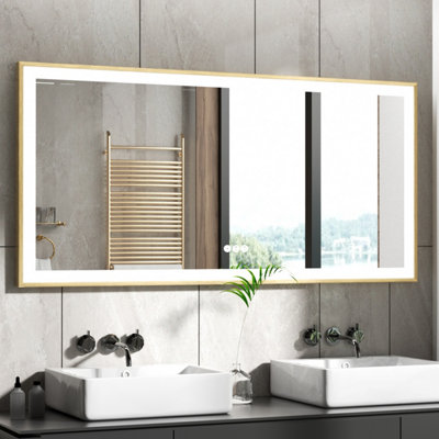 LUVODI 1400x700mm Bathroom Mirror Rectangle Brass Framed Wall Mount LED Illuminated-Touch Sensor, Anti-fog