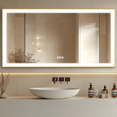LUVODI 151x78cm LED Bathroom Mirror with 3 Colour Change, Touch Sensor, Gold Brushed Brass Vanity Mirror Clear Imaging