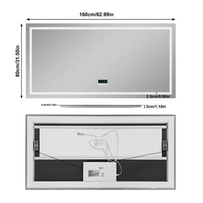 LUVODI 1600x800mm Bluetooth LED Bathroom Mirrors Music Temperature Anti-fog Vanity Mirror