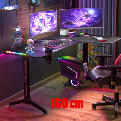 LUVODI 162cm Large Corner Gaming Desk L Shape Gamer Computer Table RGB ...