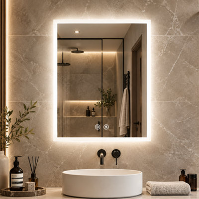 LUVODI 450x600mm Backlit LED Bathroom Mirrors, Anti-Fog, 3 Colors Light, Dimmable Smart Makeup Mirror with Touch Switch