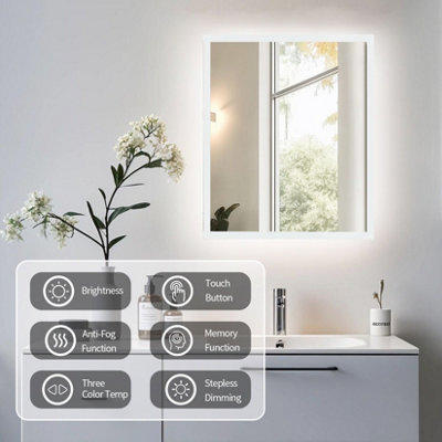 LUVODI 450x600mm Backlit LED Bathroom Mirrors, Anti-Fog, 3 Colors Light, Dimmable Smart Makeup Mirror with Touch Switch