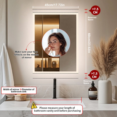 LUVODI 450x600mm Backlit LED Bathroom Mirrors, Anti-Fog, 3 Colors Light, Dimmable Smart Makeup Mirror with Touch Switch