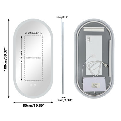 LUVODI 500x1000mm Oval LED Bathroom Mirror Anti-fog Dimmable Backlit Vanity Mirrors with 2 Buttons
