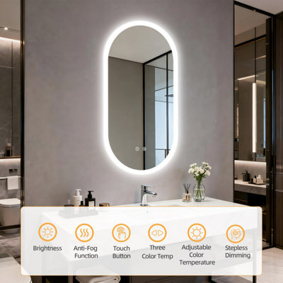 LUVODI 500x1000mm Oval LED Bathroom Mirror Anti-fog Dimmable Backlit ...
