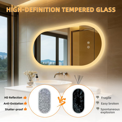 LUVODI 500x1000mm Oval LED Bathroom Mirror Anti-fog Dimmable Backlit Vanity Mirrors with 2 Buttons