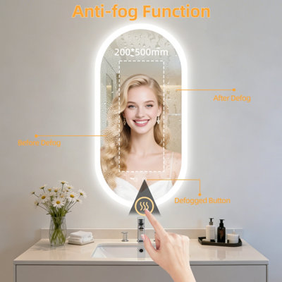 LUVODI 500x1000mm Oval LED Bathroom Mirror Anti-fog Dimmable Backlit Vanity Mirrors with 2 Buttons