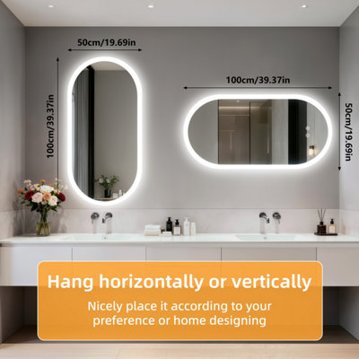 LUVODI 500x1000mm Oval LED Bathroom Mirror Anti-fog Dimmable Backlit Vanity Mirrors with 2 Buttons