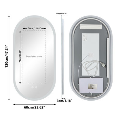 LUVODI 600x1200mm Oval Bathrooms Mirror Backlit LED 3 Colors Memory Function, Anti-fog Wall Touch Sensor Vanity Mirror