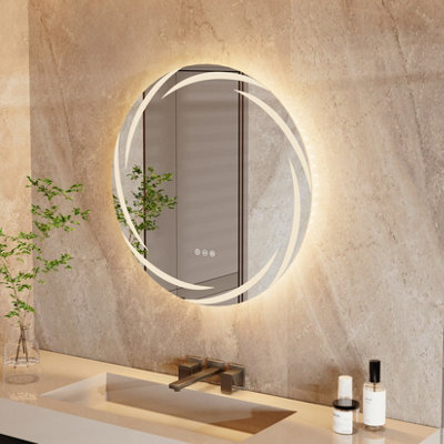 LUVODI 600x600mm Round LED Bathroom Mirror Whirlwind Luminous Edge 3 Colors Dimmable Light,No Flicker, Anti-Fog