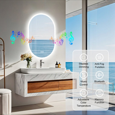 LUVODI 600x900mm Oval Bluetooth LED Bathroom Mirror Backlit, Memory, Anti-Fog, Dimmable ,Waterproof
