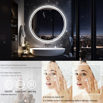 LUVODI 60cm Round LED Wall Round Mirror Anti-fog Smart Bathroom Mirrors Large Makeup Light, Dimmable Backlit