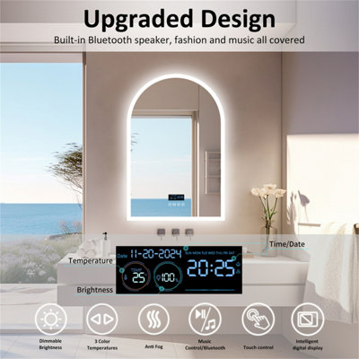 LUVODI 60x90cm Bluetooth LED Lighted Bathroom Mirror Dimmable Vanity Mirror, Backlit, Demister, Temperature Date Time Display