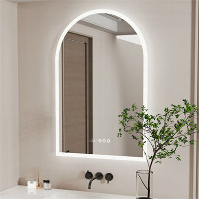 LUVODI 60x90cm Vertical Arch-Shape LED Bathroom Mirror Backlit Frameless Lighted Mirror w/ Date and Time, Temperature, 3 Colors