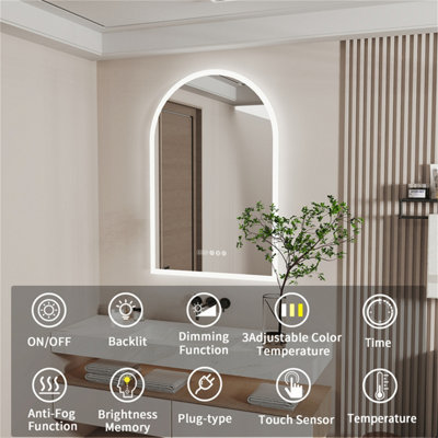 LUVODI 60x90cm Vertical Arch-Shape LED Bathroom Mirror Backlit Frameless Lighted Mirror w/ Date and Time, Temperature, 3 Colors