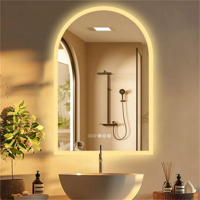 LUVODI 60x90cm Vertical Arch-Shape LED Bathroom Mirror Backlit Frameless Lighted Mirror w/ Date and Time, Temperature, 3 Colors
