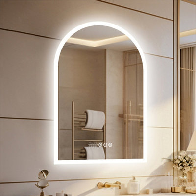 LUVODI 60x90cm Vertical Arch-Shape LED Bathroom Mirror Backlit Frameless Lighted Mirror w/ Date and Time, Temperature, 3 Colors